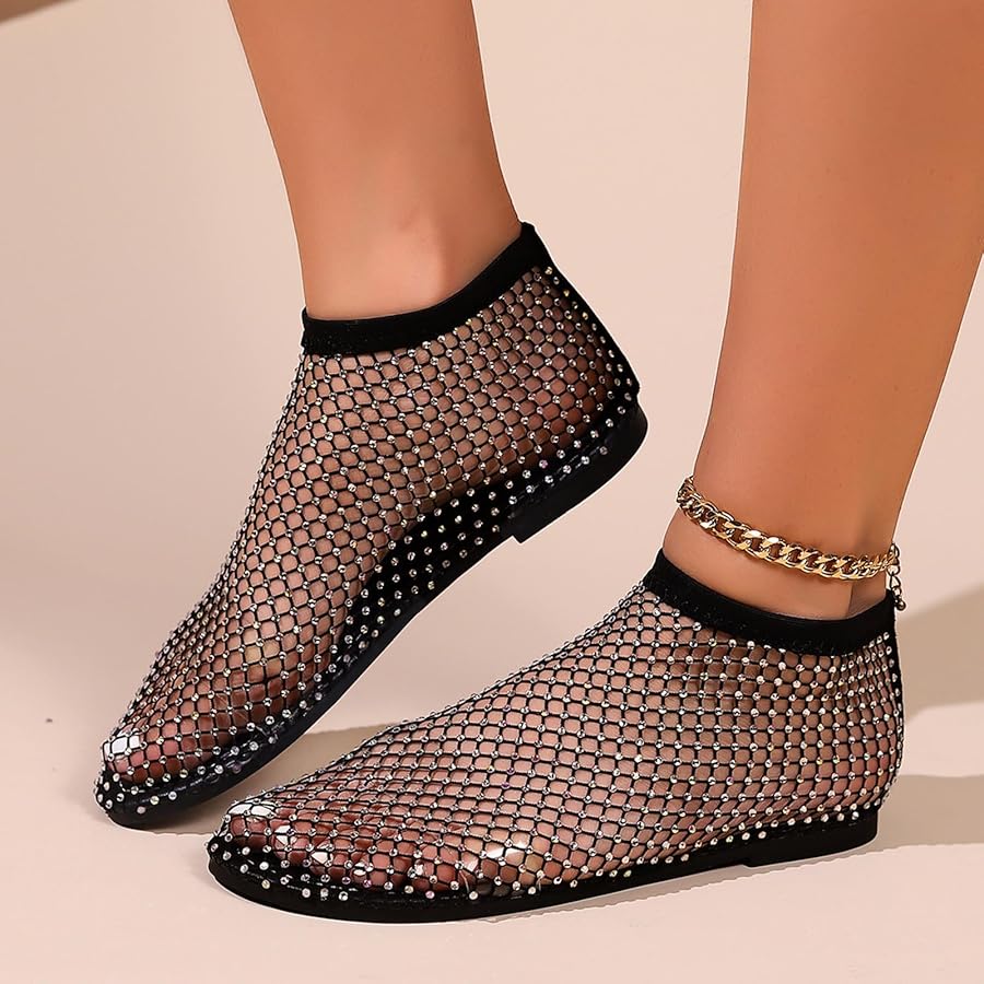 Amazon.com | Crzidha Women's Fishnet Rhinestone Flats Shoes